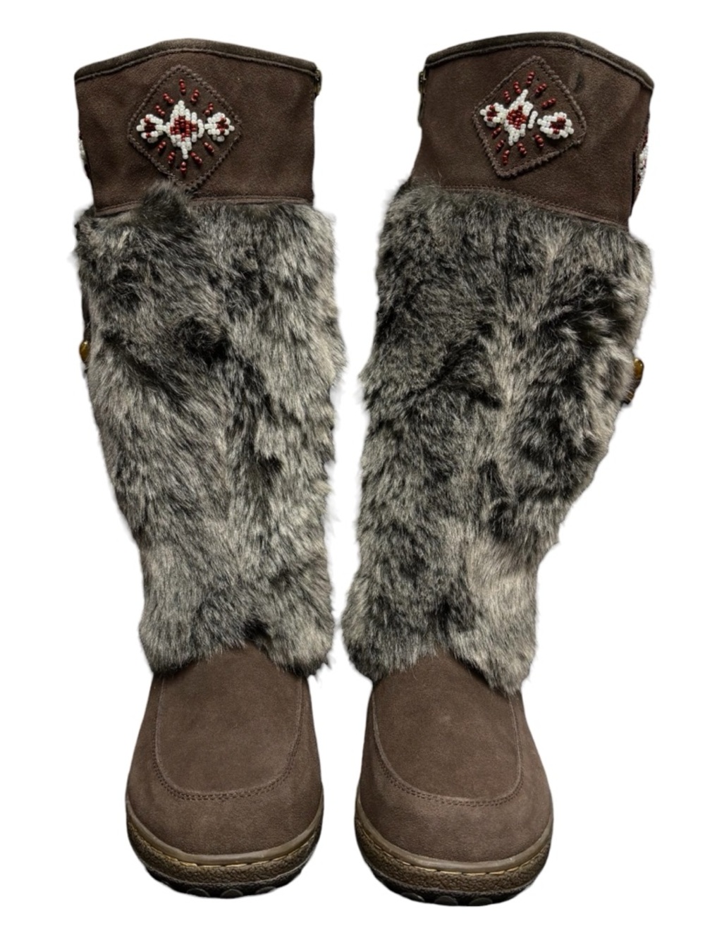 Wanderlust | Nika Brown Faux Suede/Faux Fur Navajo Inspired Boho Knee High Boots